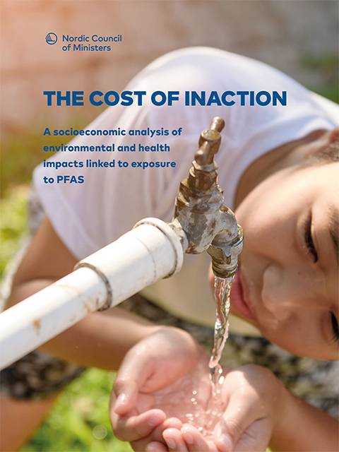 Report cover for The Cost of Inaction. A child drinks water from an outdoor hose spigot.